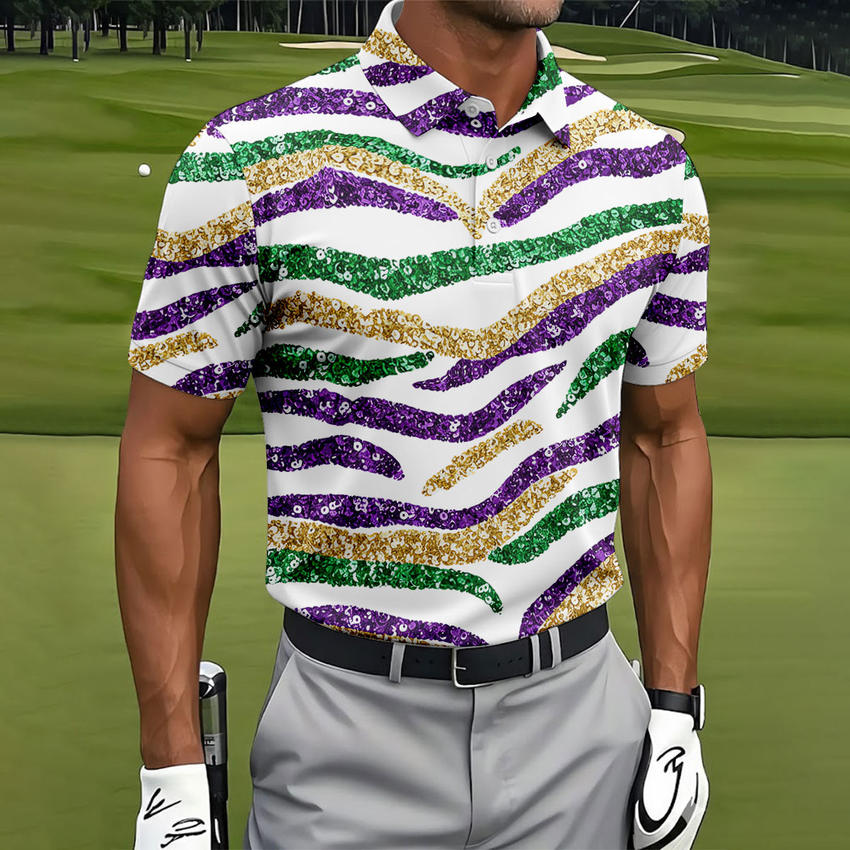 Purple Green Gold Sequin Pattern White Mardi Gras Golf Shirt, Polo ShirtFor Men, Golf Shirts For Men