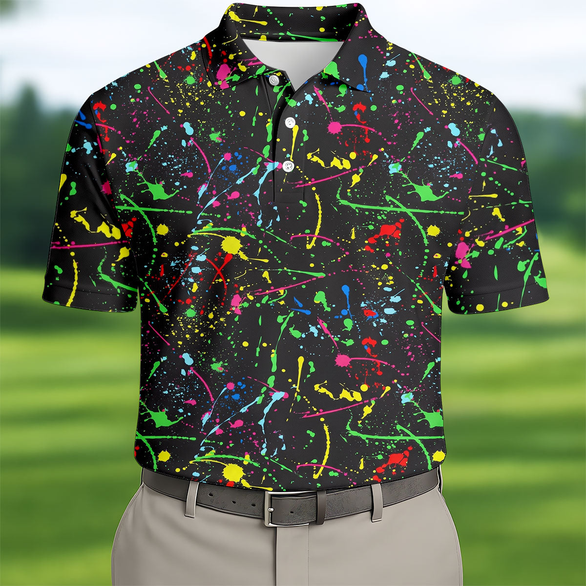 Neon Paint Splatter Pattern Hawaiian Golf Shirt, Golf Shirts For Men, Polo Shirts For Men