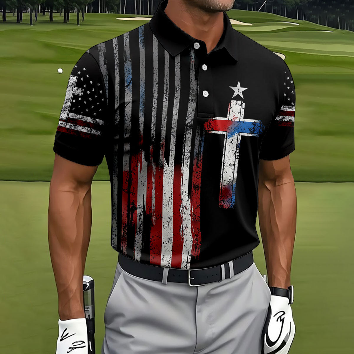 Faith Cross US Flag Golf Shirt, 250 Years Retro Golf Shirt, Patriotic 4th Of July Polo Shirt Men