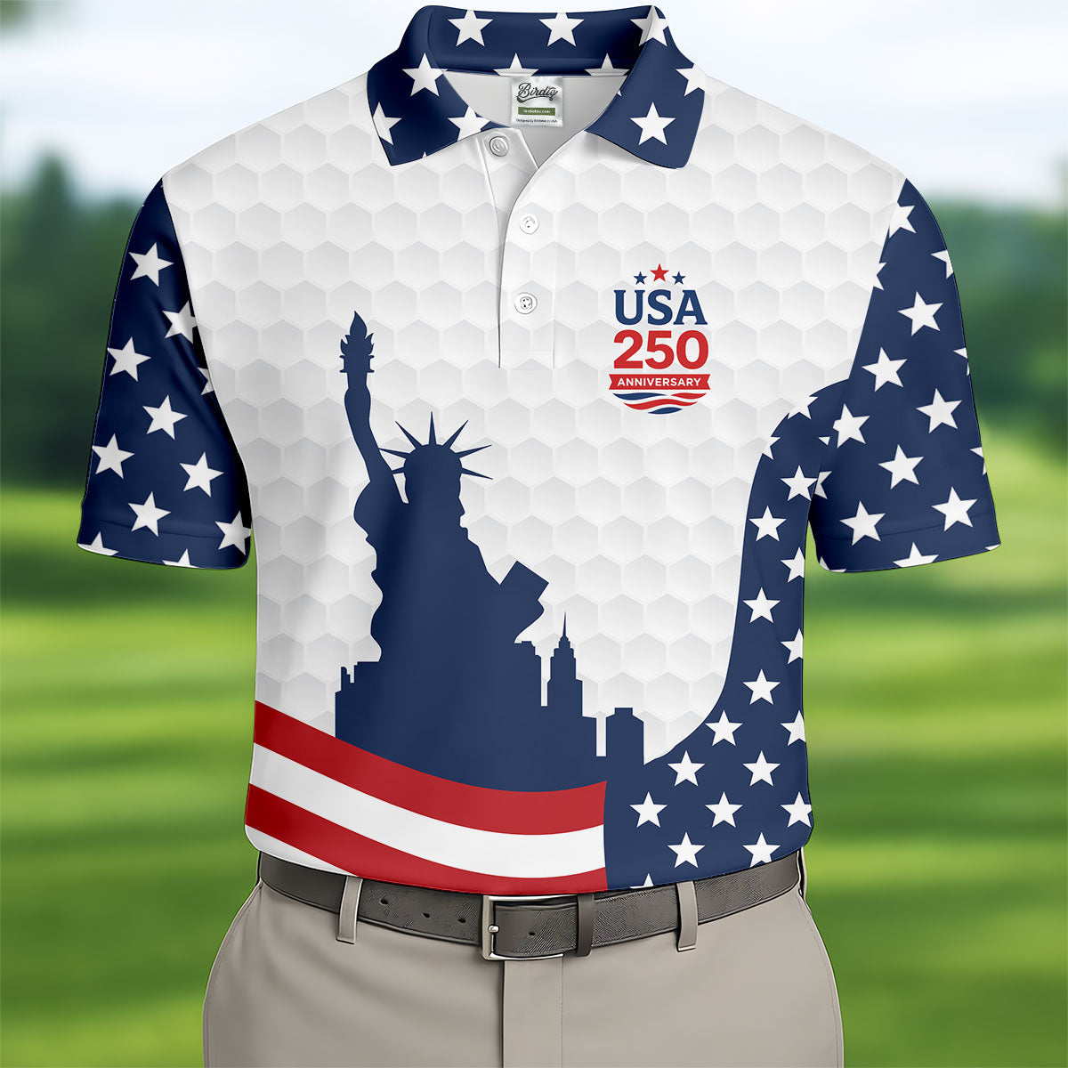 USA 250 Anniversary Silhouette Of Statue Of Liberty White Golf Shirt, 4th Of July Golf Shirts For Men