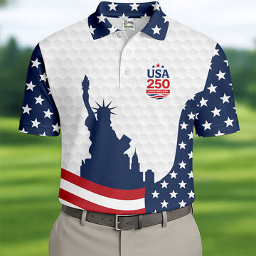 USA 250 Anniversary Silhouette Of Statue Of Liberty White Golf Shirt, 4th Of July Golf Shirts For Men