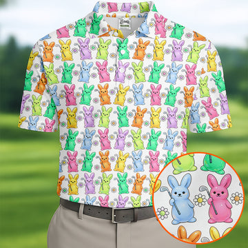 Colorful Easter Bunny White Golf Shirt, Cute Golf Outfit, Golf Shirts For Men, Golf Gift For Men