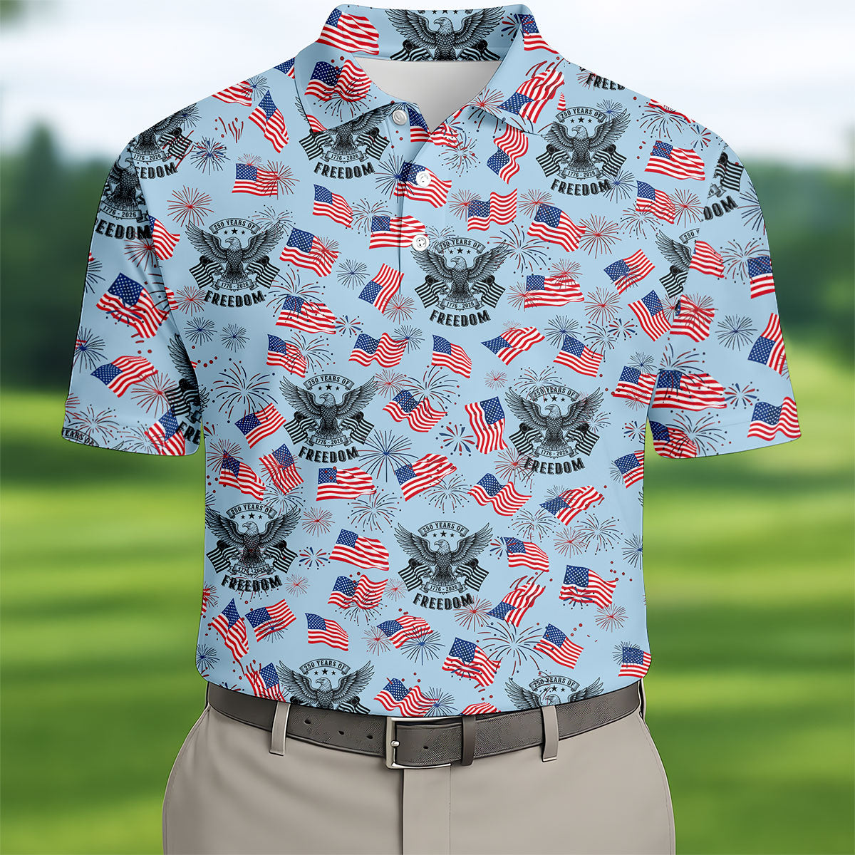 250 Years Of Freedom Festive Flag Vintage Blue Golf Shirt, Patriotic 4th Of July Golf Shirts For Men