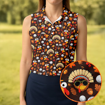 Golf Turkey Pattern Thanksgiving Golf Shirt, Womens Golf Tops, Ladies Golf Shirts