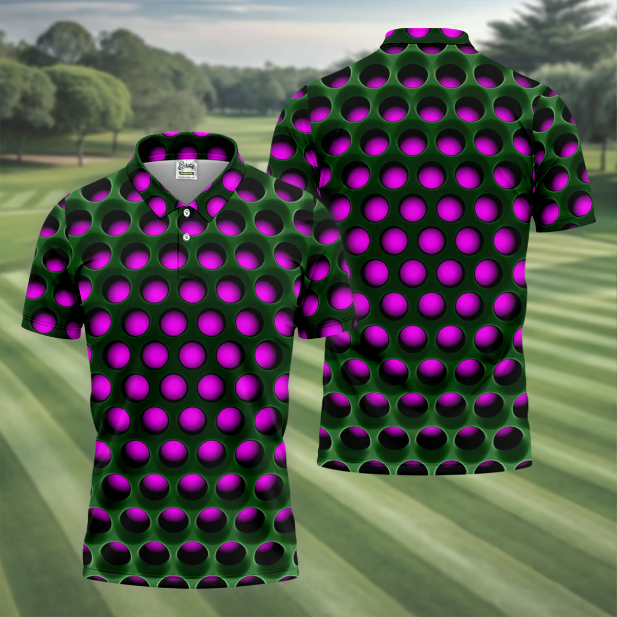 3D Effect Circular Pattern Purple Golf Shirt, Cool Golf Outfit, Men's Funny Golf Shirts, Polo Shirt Men