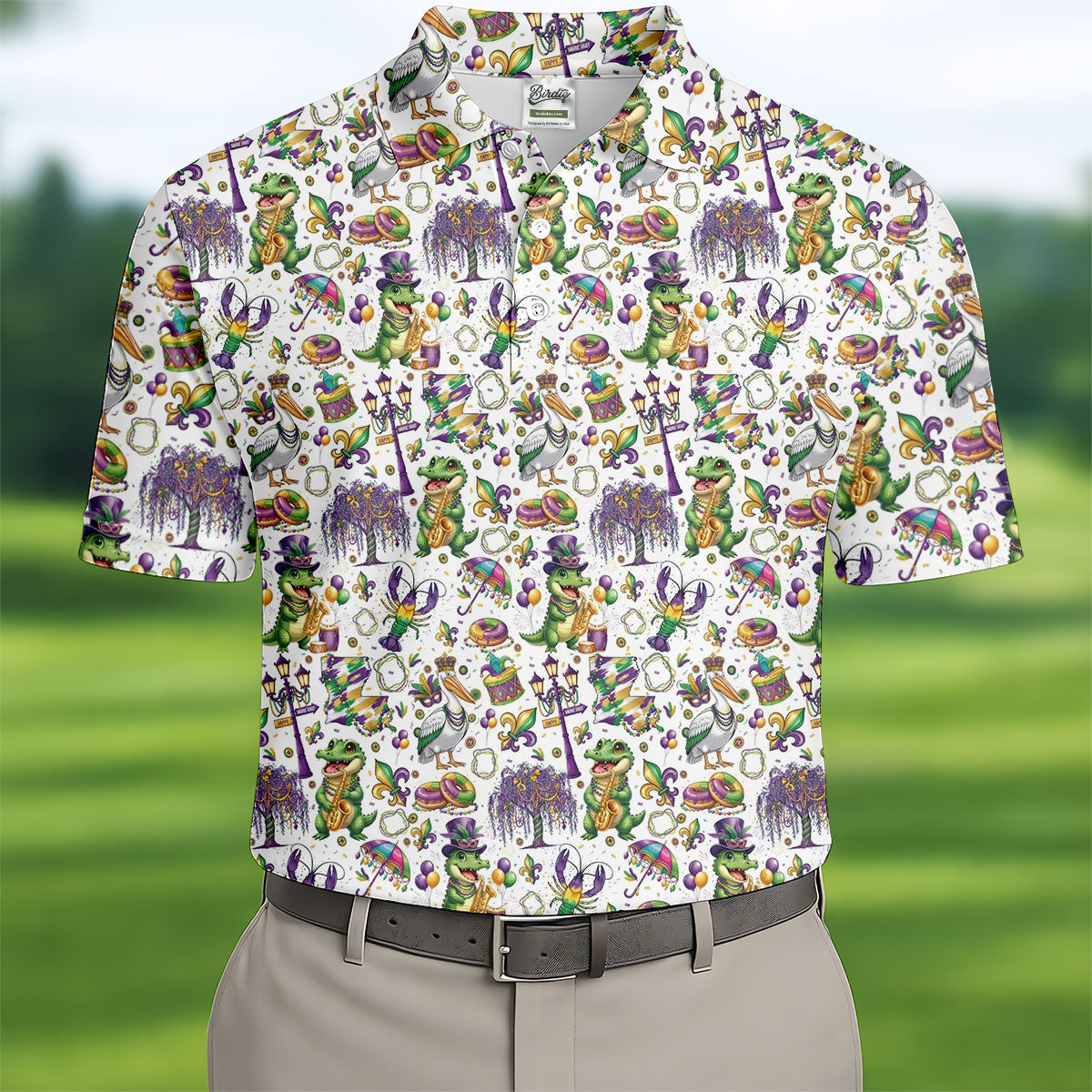 Mardi Gras Fleur De Lis Animal Band White Golf Shirt, Golf Tops For Men, Polo Shirt Men