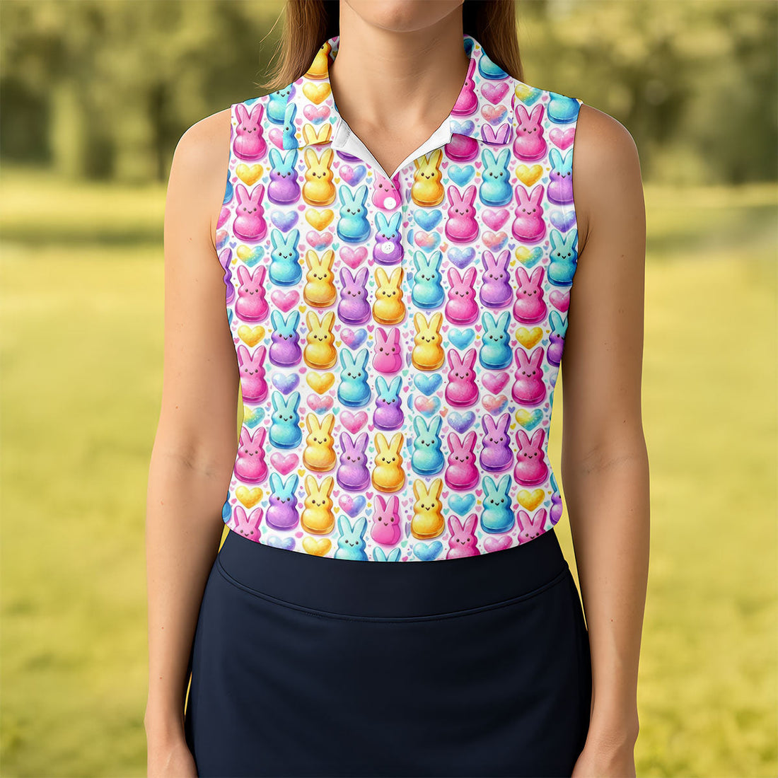 Easter Bunny Jelly Effect Seamless Pattern Women Golf Top, Fun Women's Golf Shirts, Ladies Golf Shirts