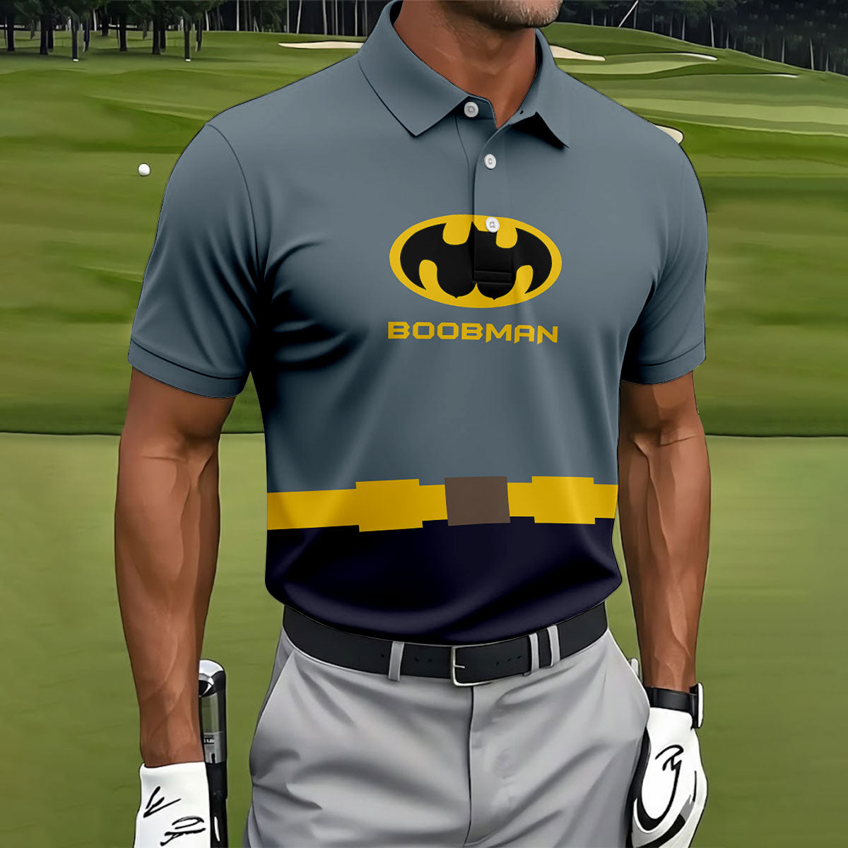 Boobman Comic Hero Logo Belt Golf Polo Shirt, Men's Polo Shirt, Funny Golf Apparel, Performance Golf Shirt