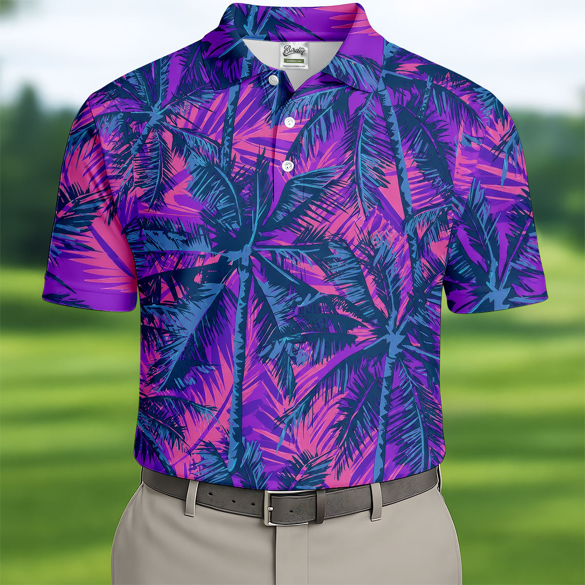 Purple Pink Tropical Palm Trees Golf Shirt, Mens Golf Polo, Printed Golf Shirts