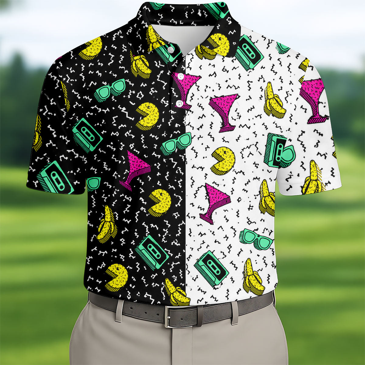 Retro Cassette Sunglasses Cocktail Banana Split Golf Shirt, Hawaiian Golf Shirt, Mens Golf Shirts, Golf Apparel For Men