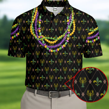 Mardi Gras Purple Green Gold Beads Chain Fleur De Lis Argyle Pattern Black Golf Shirt, Men's Golf Polo Shirts