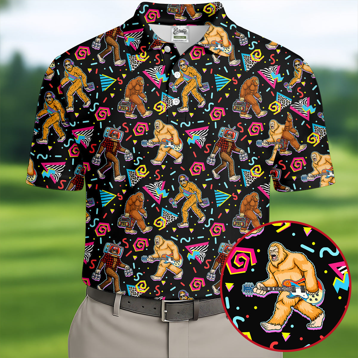 Retro Bigfoot Monkey Guitar Boombox Golf Shirt, Polo Shirts For Men, Mens Golf Apparel, Golf Polo Shirts For Men