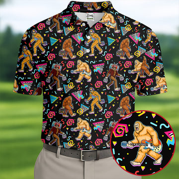 Retro Bigfoot Monkey Guitar Boombox Golf Shirt, Polo Shirts For Men, Mens Golf Apparel, Golf Polo Shirts For Men