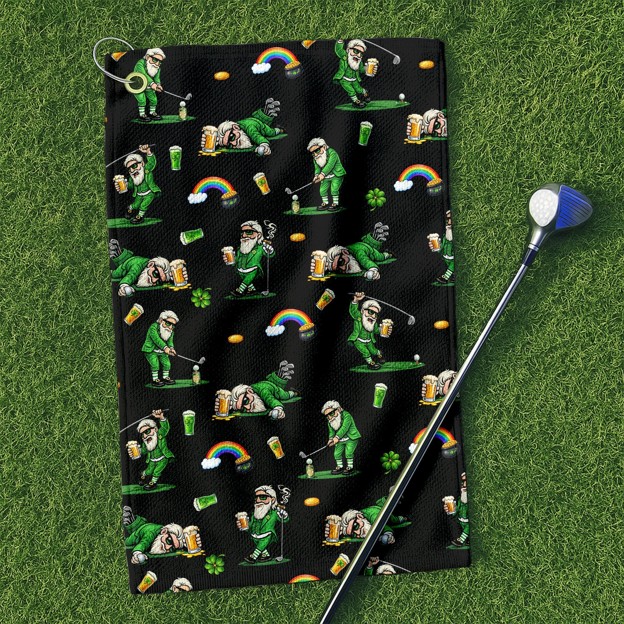 Black St. Patrick’s Day Leprechaun Golf Towel, Funny Golf Gift, Golf Accessories