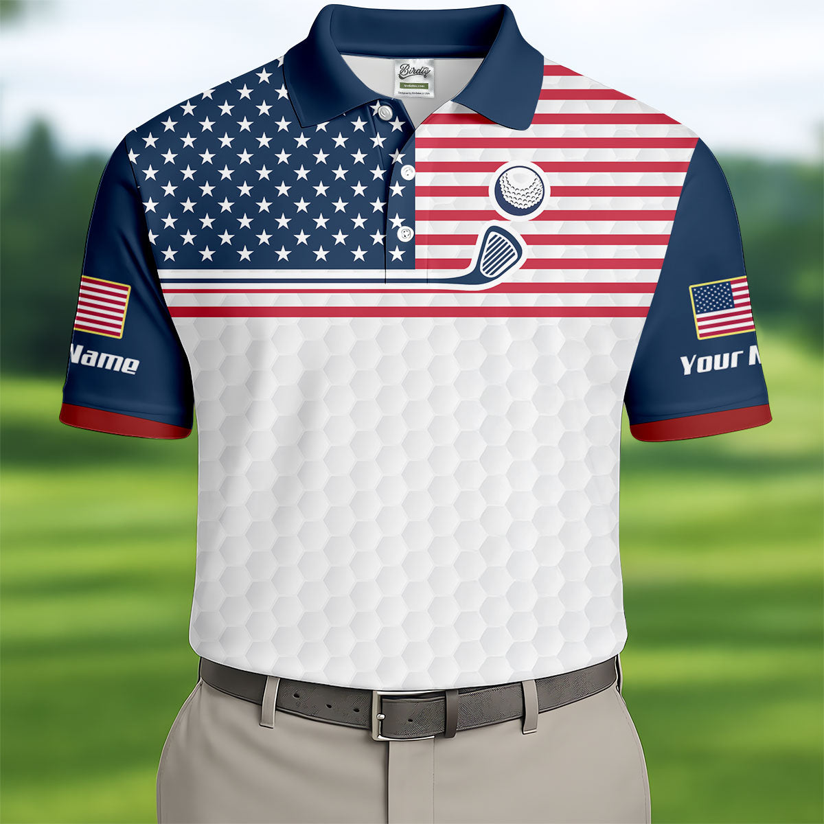 Patriot American Flag Wedge Golf Club Golf Ball Pattern Golf Tops For Men, 250th Anniversary Patriotic Golf Shirt