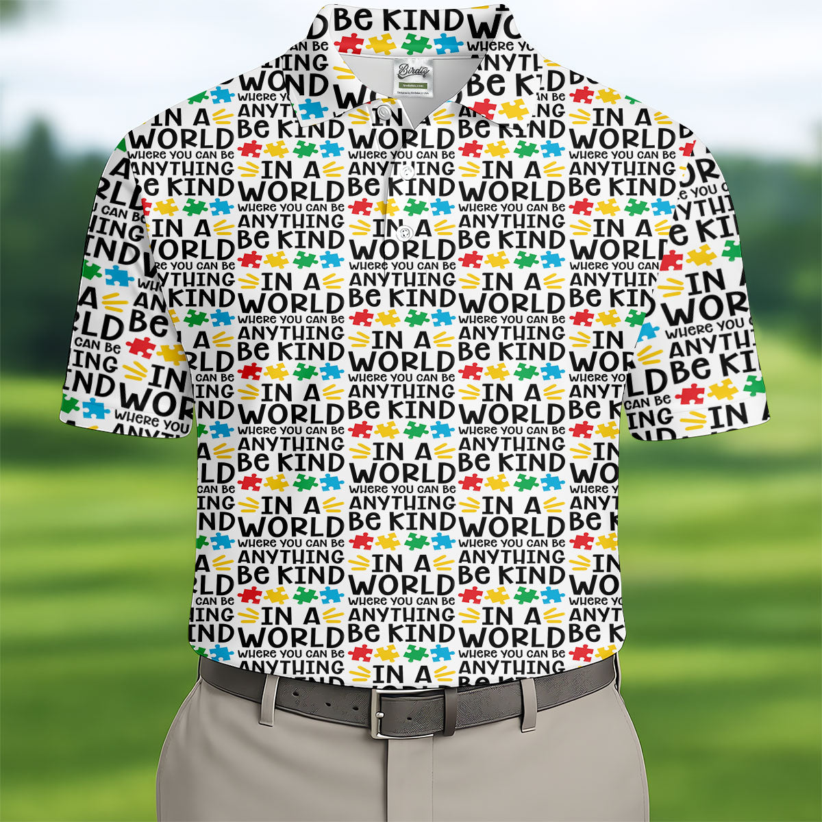 In A World Where You Can Be Anything Be Kind Autism Awareness Puzzle Pattern White Golf Shirt, Polo ShirtFor Men