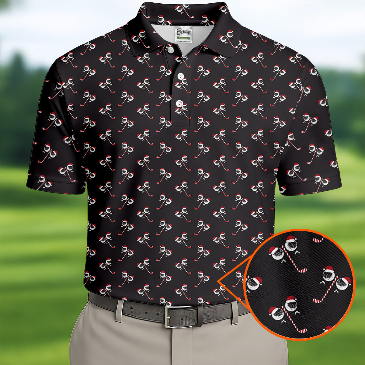 Funny Christmas Candy Cane Pattern Black Golf Shirt, Polo ShirtFor Men, Christmas Golf Shirt