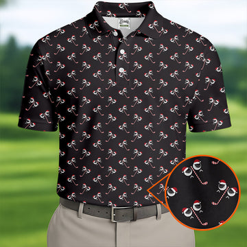 Funny Christmas Candy Cane Pattern Black Golf Shirt, Polo ShirtFor Men, Christmas Golf Shirt