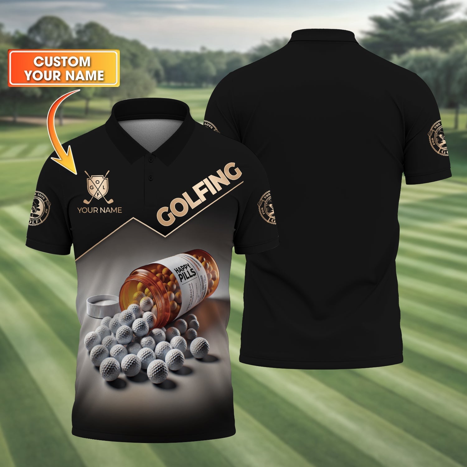 Happy Pills Men's Golf Polo ShirtGolfing Apparel, Mens Golf Gift, Funny Golf Shirt