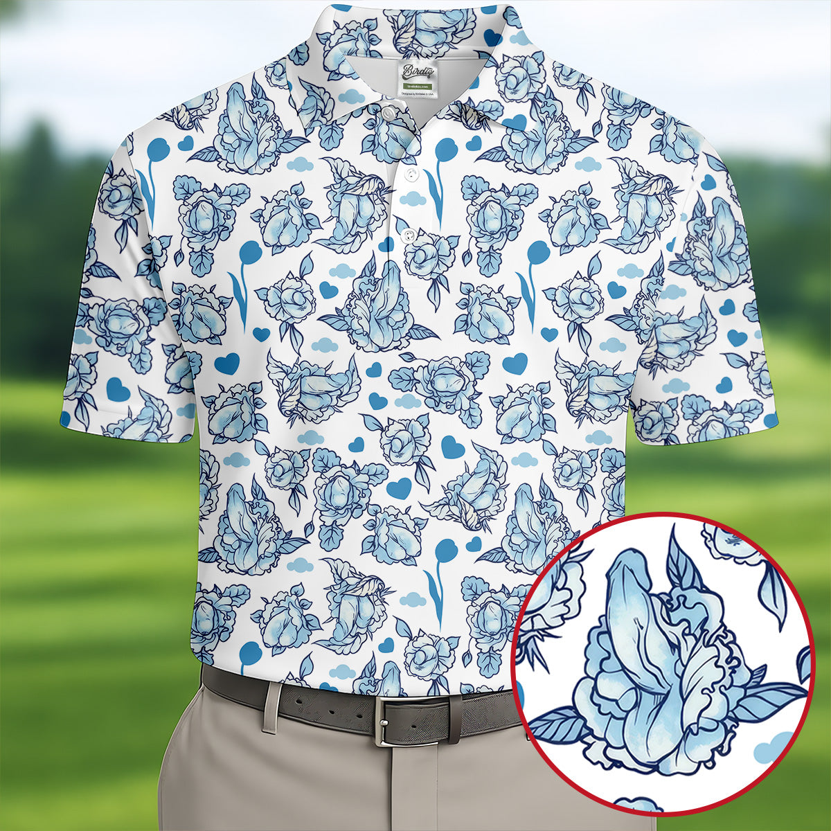 Blue Rose Floral Heart Pattern Golf Shirt, Polo Shirts For Men, Printed Golf Shirts