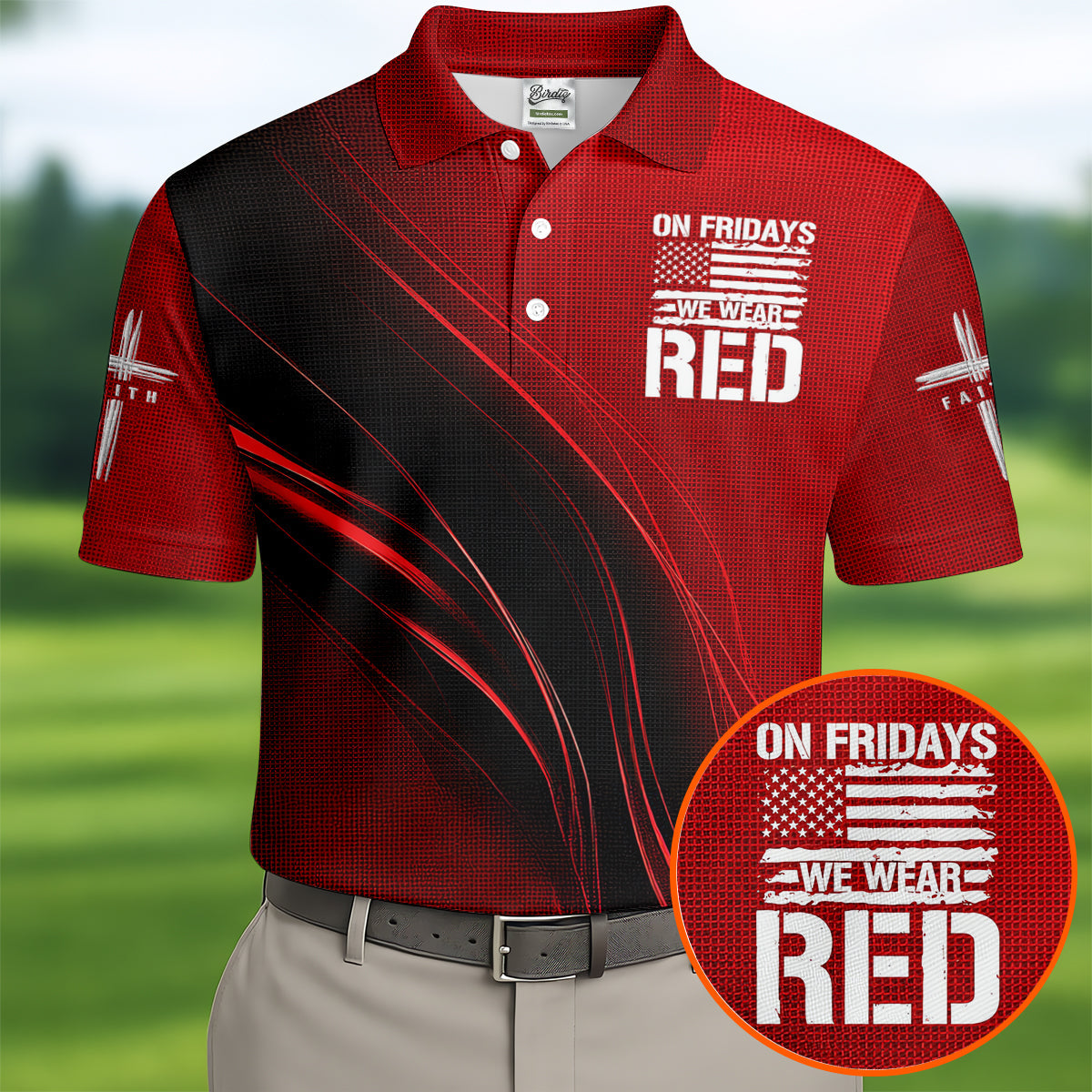 On Friday We Wear Red Faith Cross Red Black Gradient Patriotic Golf Shirt, 250 Years Polo Shirt Men
