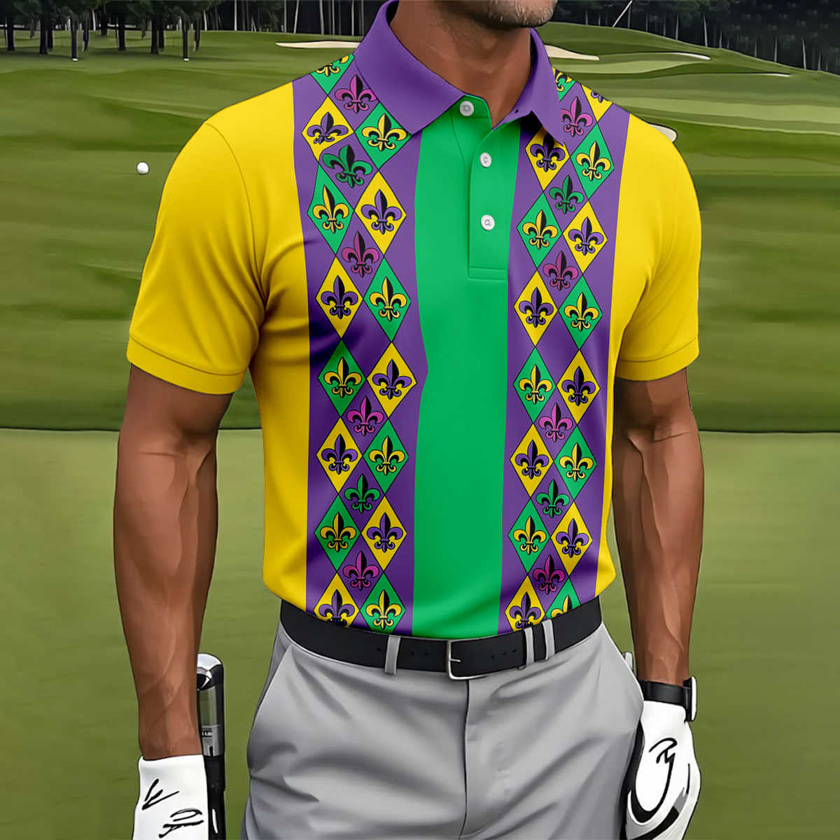 Purple Green Gold Fleur De Lis Argyle Pattern Mardi Gras Golf Shirt, Golf Shirts For Men, Polo ShirtFor Men