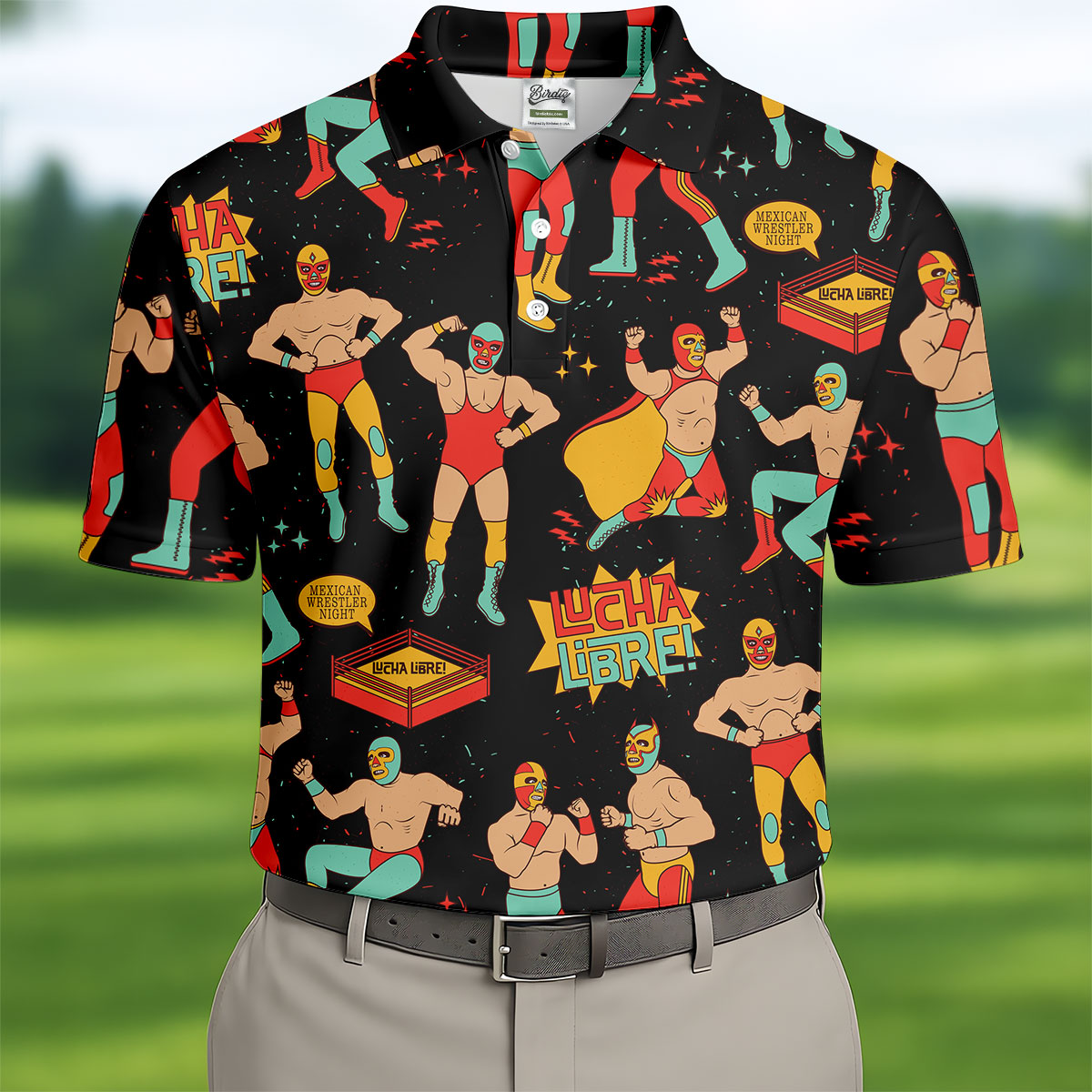 Black Lucha Libre Mexican Wrestler Pattern Golf Shirt, Golf Shirts For Men, Mens Golf Apparel