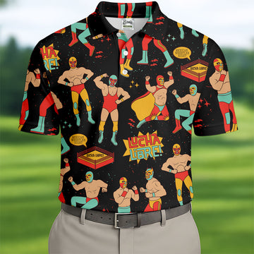 Black Lucha Libre Mexican Wrestler Pattern Golf Shirt, Golf Shirts For Men, Mens Golf Apparel