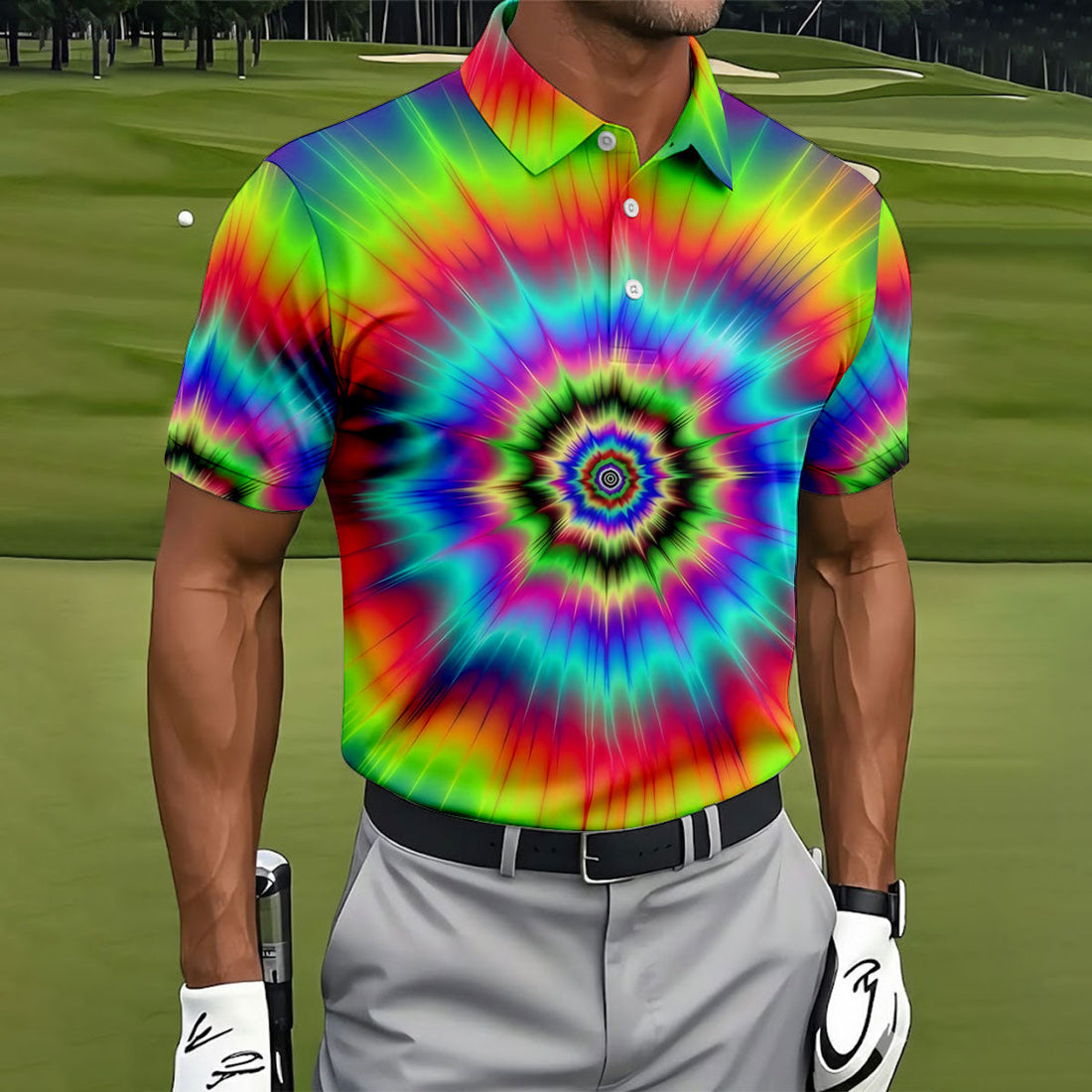 Rainbow Tie Dye Golf Shirt, Psychedelic Spiral Burst Pattern, Golf Shirt For Men