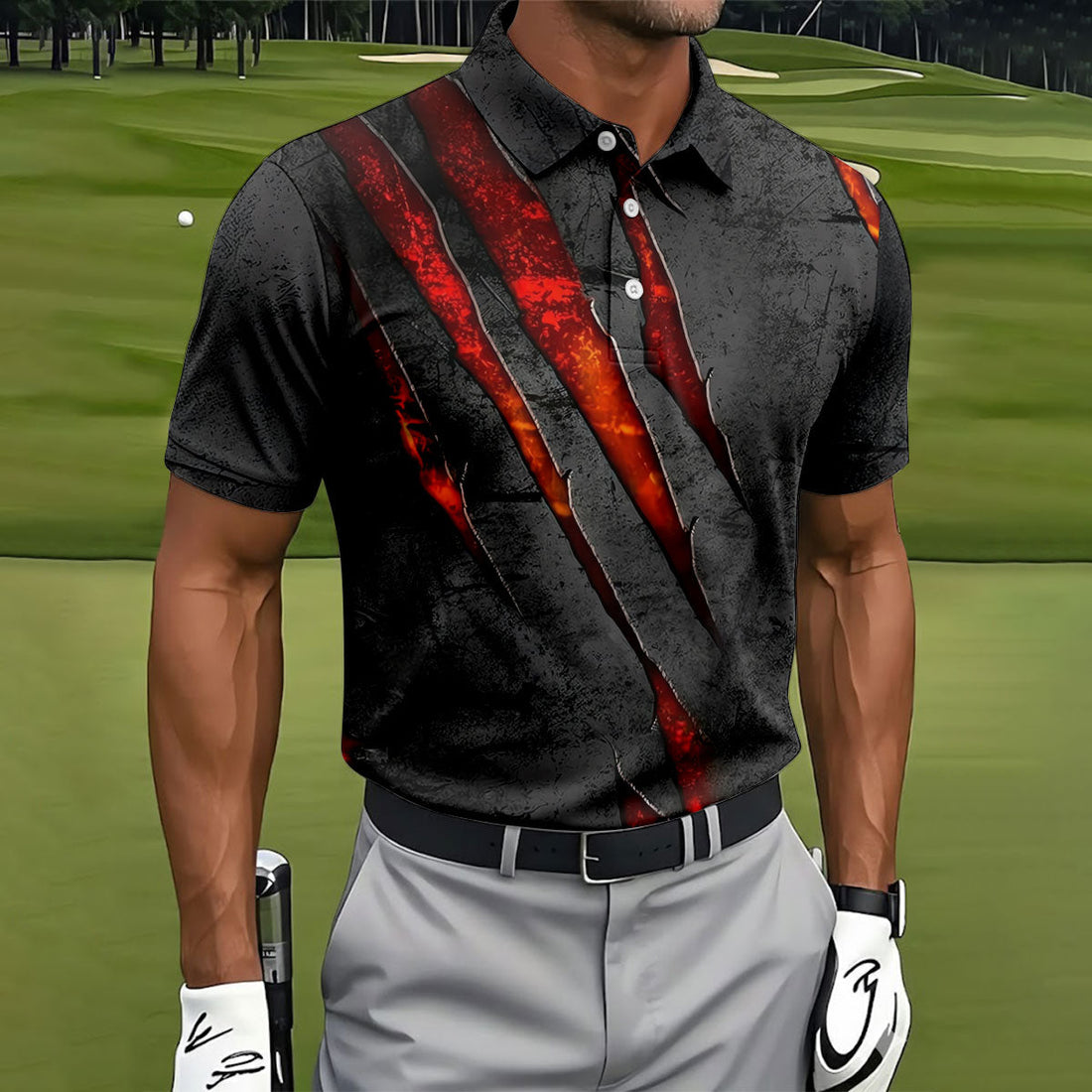 Red Claw Marks Hawaiian Golf Shirt, Scratch Print Men's Golf Shirt, Polo Shirts For Men