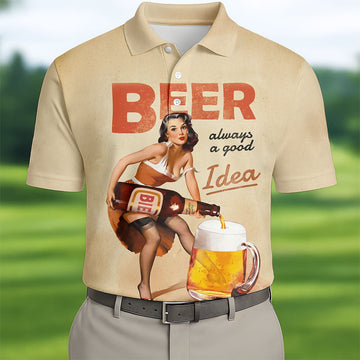 Vintage Beer Pin-Up Girl Design Hawaiian Golf Shirt, Golf Shirts For Men, Polo Shirts For Men
