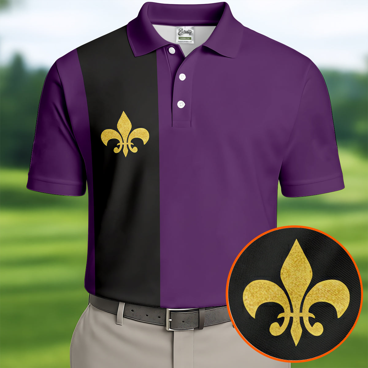 Mardi Gras Fleur De Lis Black Vertical Stripe Purple Golf Shirt, Polo ShirtFor Men, Golf Shirts For Men