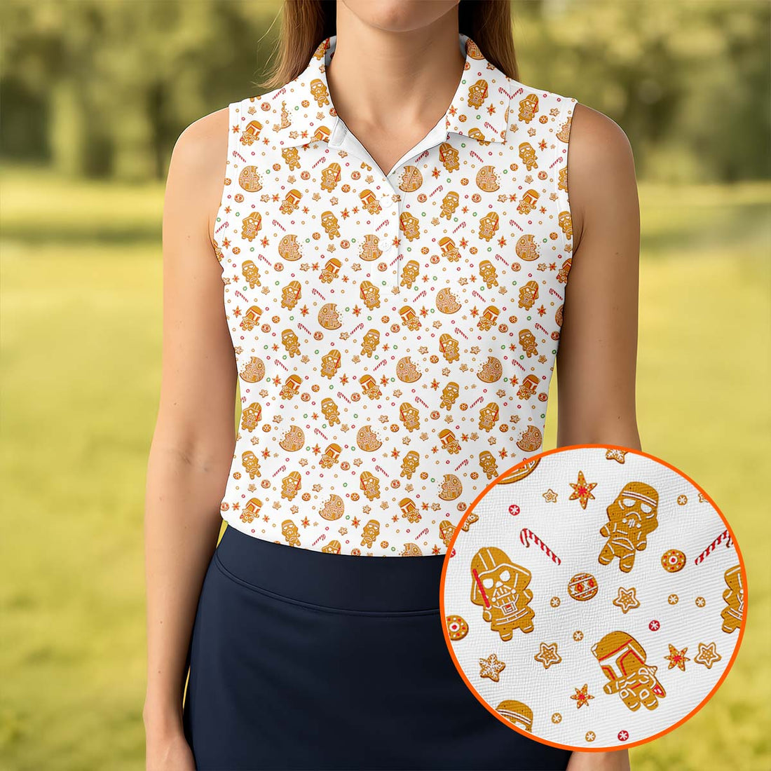 Funny Gingerbread Villain Character Christmas Golf Shirt, White Golf Polo, Women's Golf Tops