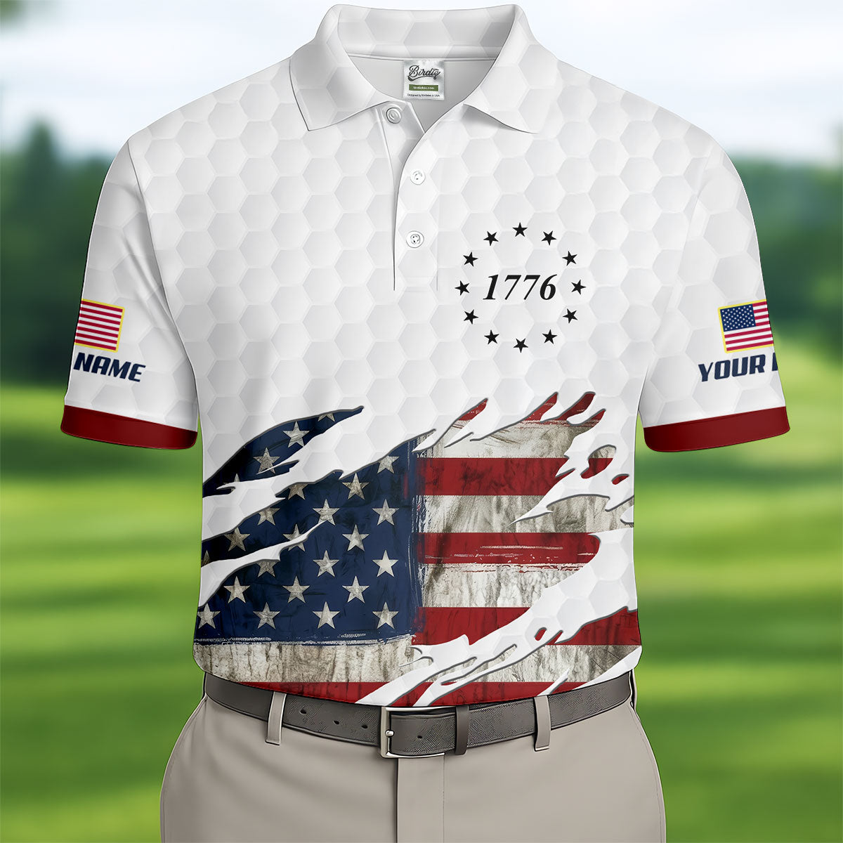 American Flag 1776 Golf Ball Pattern Golf Shirts For Men, 250th Anniversary Polo Shirt Men