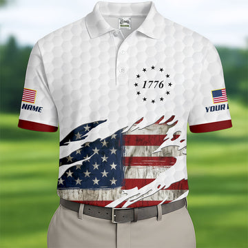 American Flag 1776 Golf Ball Pattern Golf Shirts For Men, 250th Anniversary Polo Shirt Men