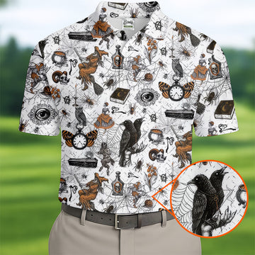 Spider Witch Skull Black Crow Men's Golf Shirt, Halloween Golf Shirt, Halloween Shirt For Men