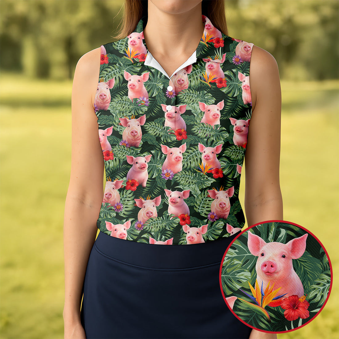 Cute Pig Tropical Monstera Hawaiian Golf Polo Shirt, Golf Shirts For Women, Women's Golf Apparel