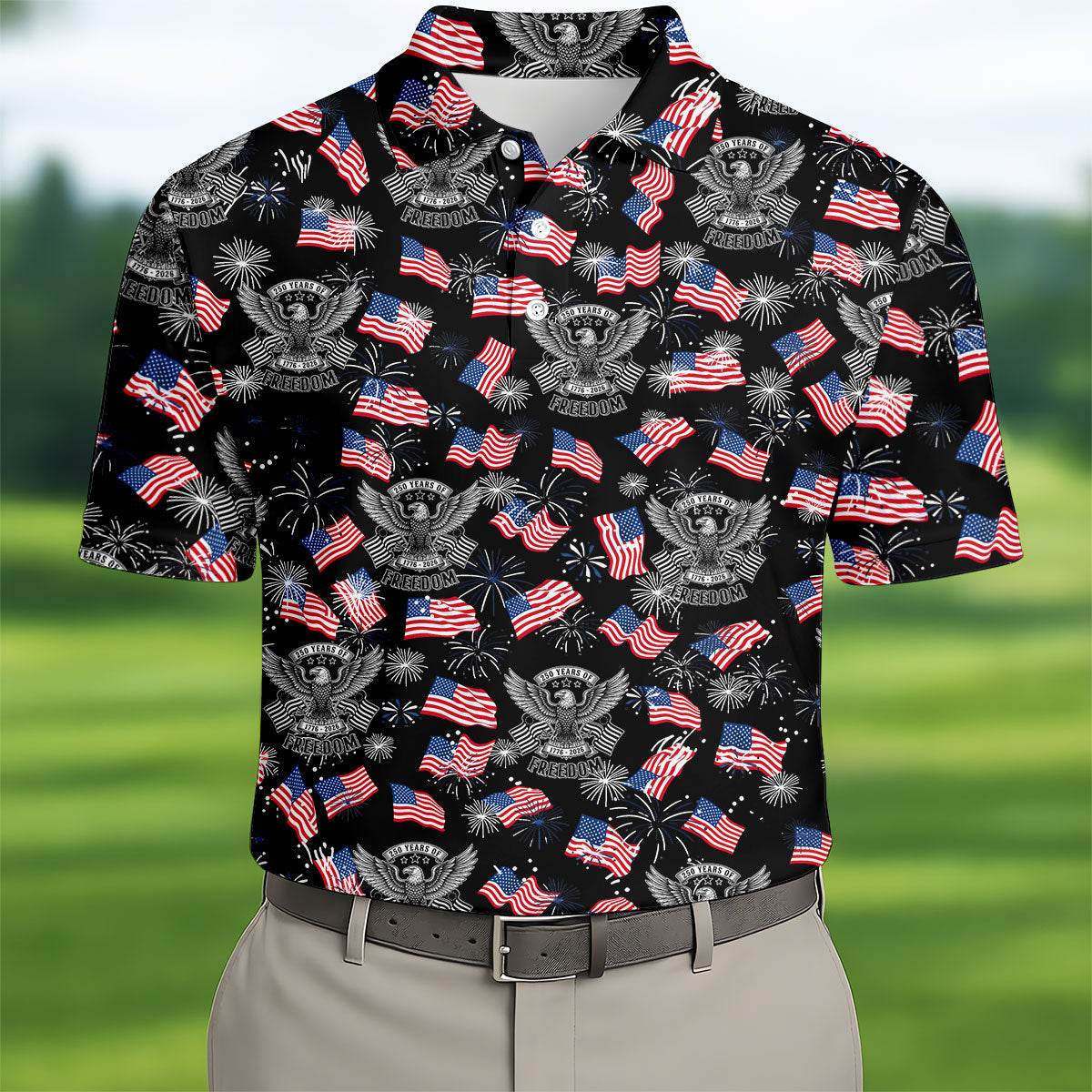 250 Years Of Freedom Festive Flag Vintage Black Golf Shirt, Patriotic 4th Of July Golf Shirts For Men