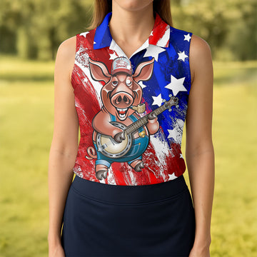 Patriotic American Flag Brush Strokes Funny BBQ 250th Anniversary Women's Polo Shirt, Ladies Golf Shirts