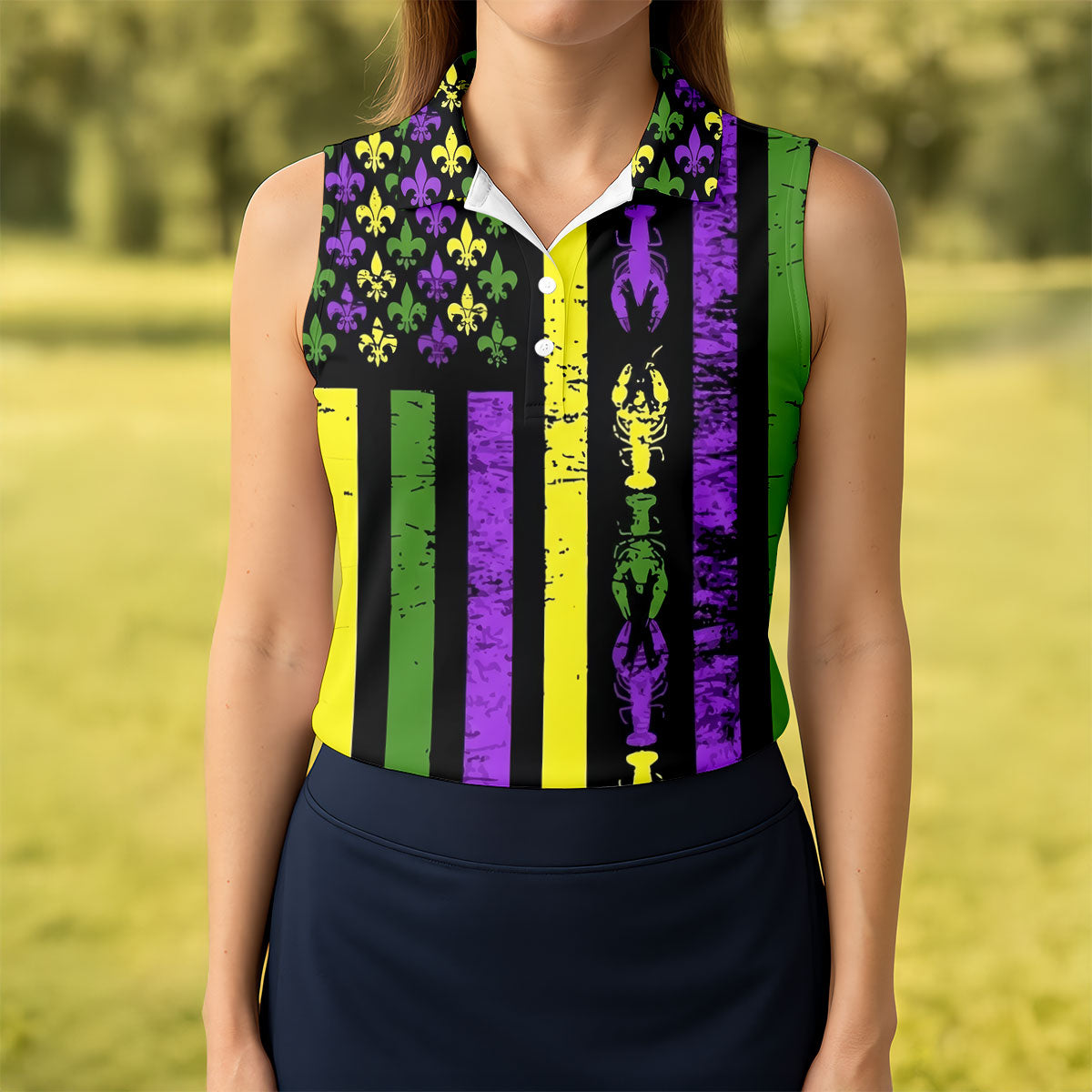 Mardi Gras Flag Fleur-De-Lis Symbol Crawfish Pattern Women's Golf Tops, Women's Golf Shirts, Ladies Golf Polos