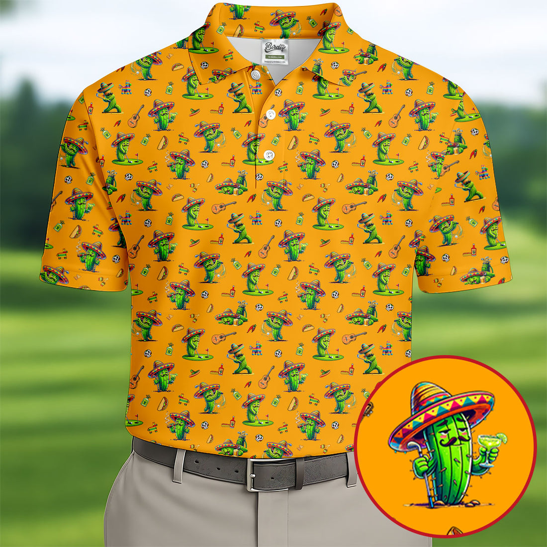 Cartoon Mustach Funny Cactus Cinco De Mayo Celebration Fiesta Themed Orange Golf Shirts For Men
