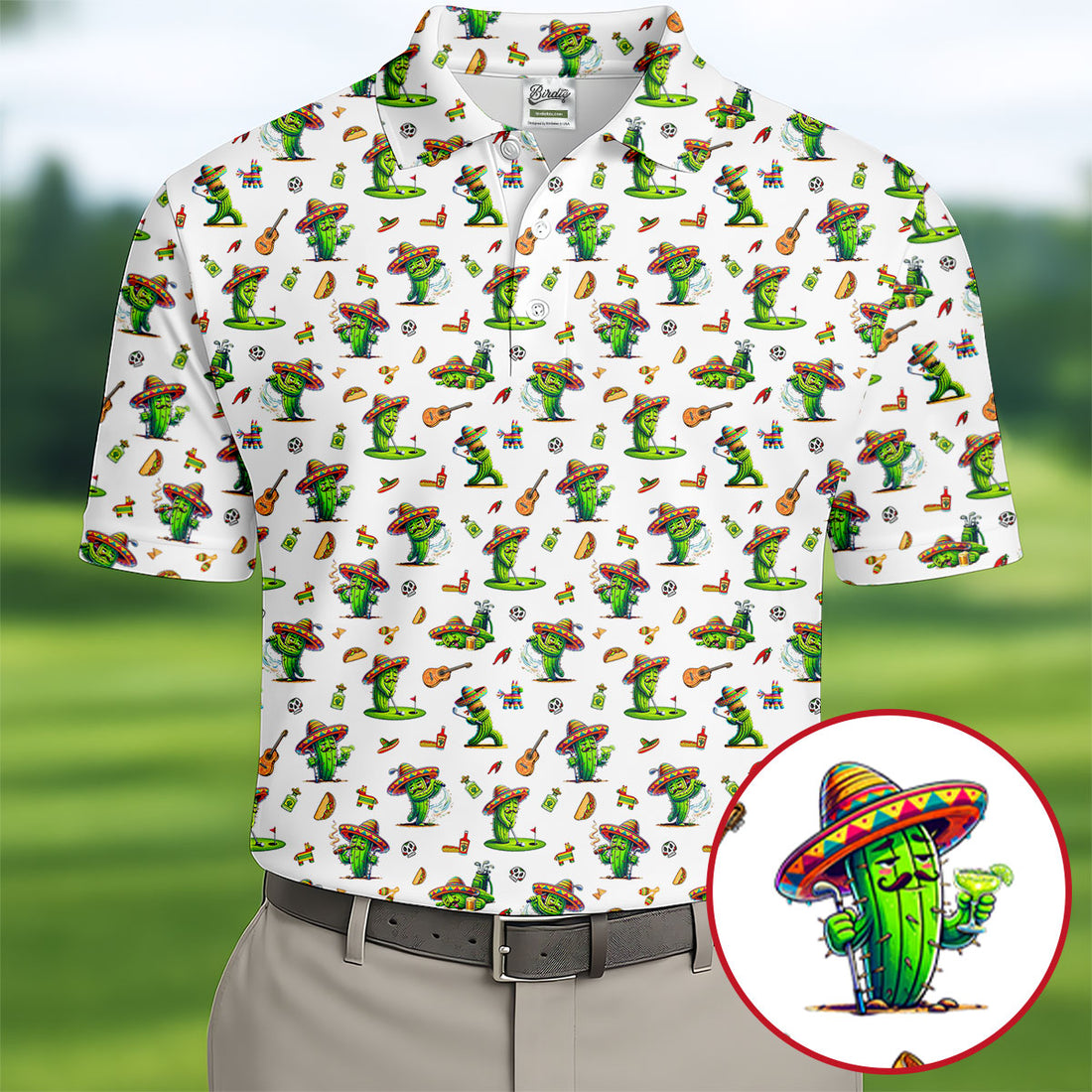 Cartoon Mustach Funny Cactus Cinco De Mayo Celebration Fiesta Themed White Golf Shirts For Men