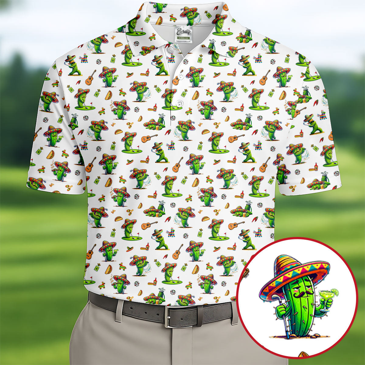 Cartoon Mustach Funny Cactus Cinco De Mayo Celebration Fiesta Themed White Golf Shirts For Men