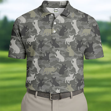Grey Camo French Bulldog Pattern Golf Shirt, Mens Polo Shirt, Golf Shirts For Men, Performance Golf Shirt