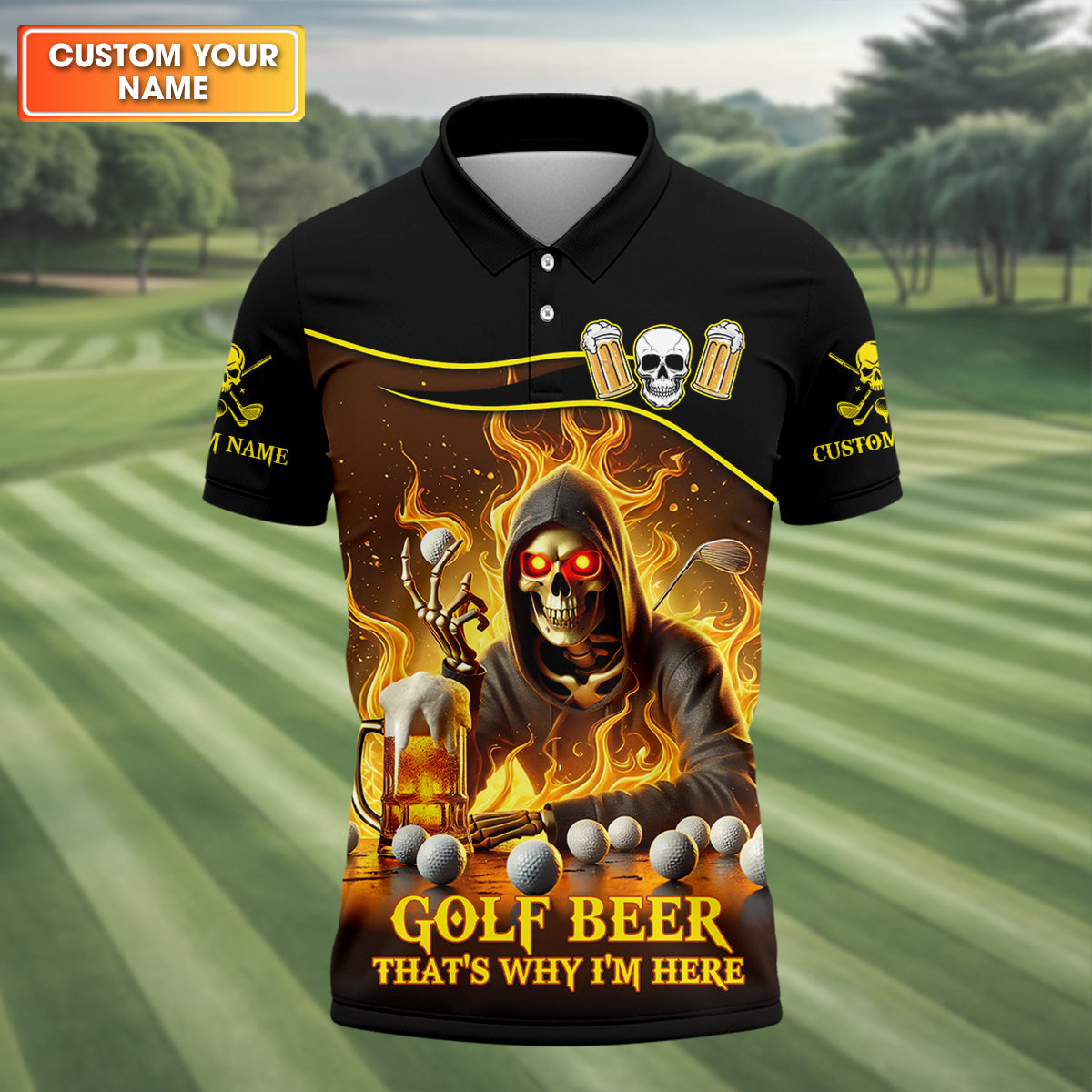 Golf Beer Custom Men's Golf Polo ShirtFunny Skull Golf Shirt, Dad Golf Gift