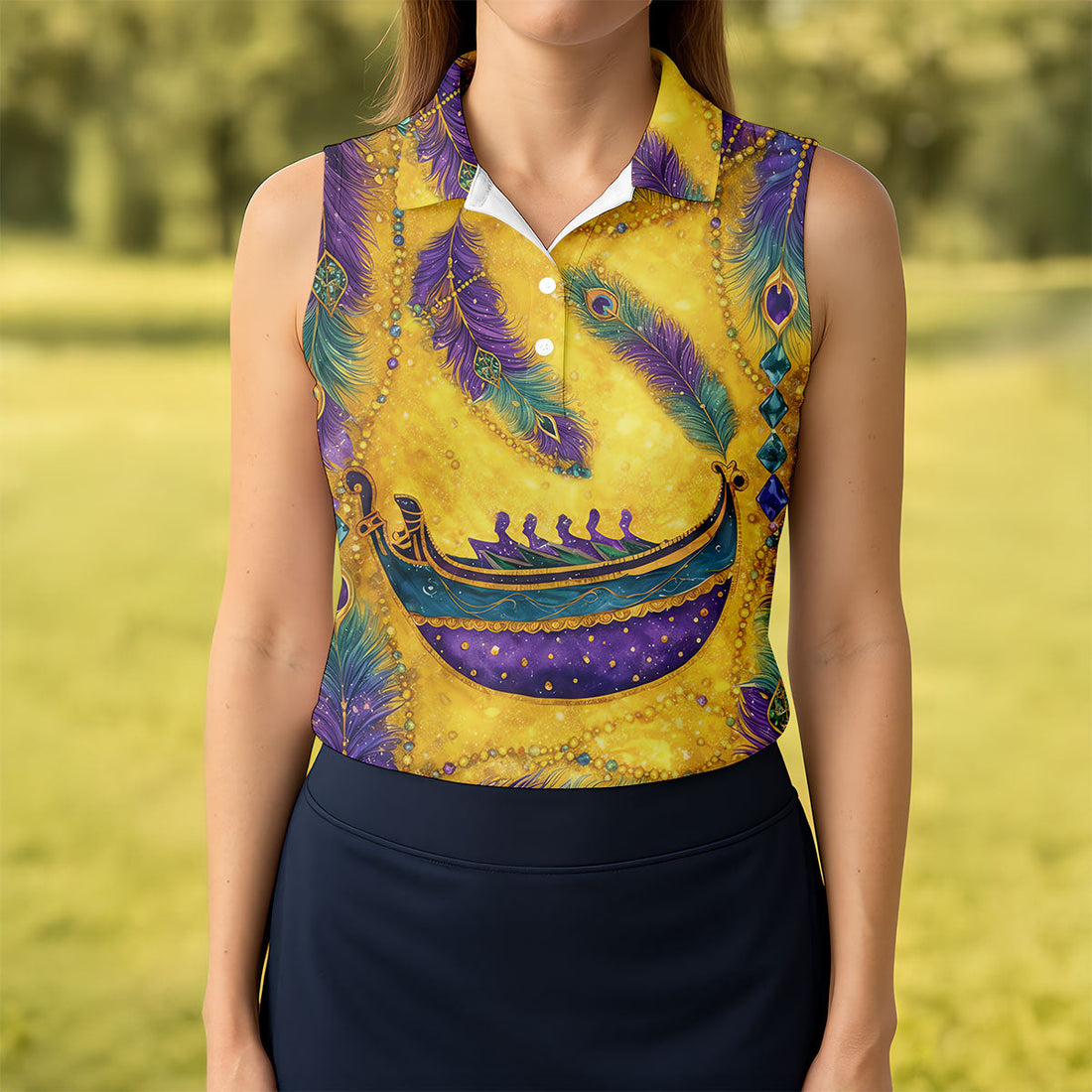 Mardi Gras Day Gradient Art Feather Print Retro Women's Golf Tops, Ladies Golf Shirts