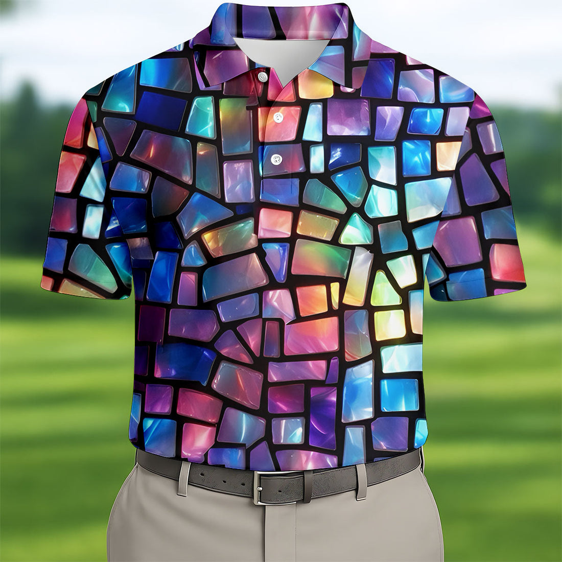 Colorful Stained Glass Mosaic Pattern Golf Shirt, Men's Golf Shirt, Golf Polo Shirts For Men, Mens Golf Apparel