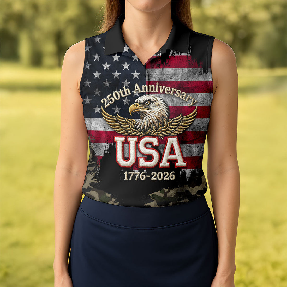 250th Anniversary Camo Golf Shirt, Distressed US Flag Patriotic 4th Of July Golf Shirt For Women