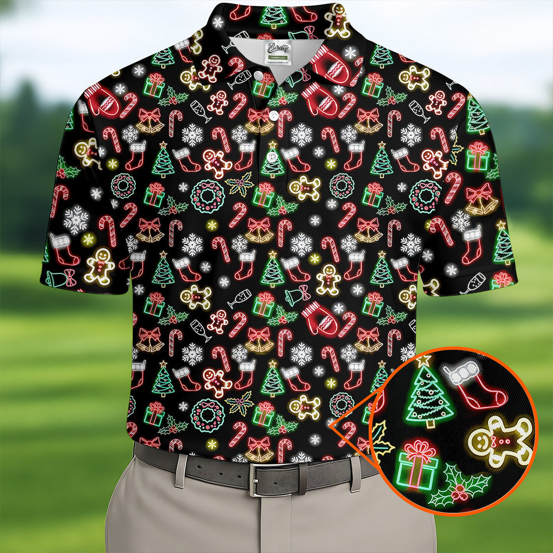 Neon Christmas Pattern Black Golf Polo Shirtun Men's Golf Polos, Christmas Golf Gift, Golfing Apparel