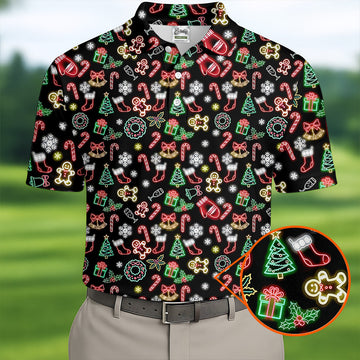 Neon Christmas Pattern Black Golf Polo Shirtun Men's Golf Polos, Christmas Golf Gift, Golfing Apparel